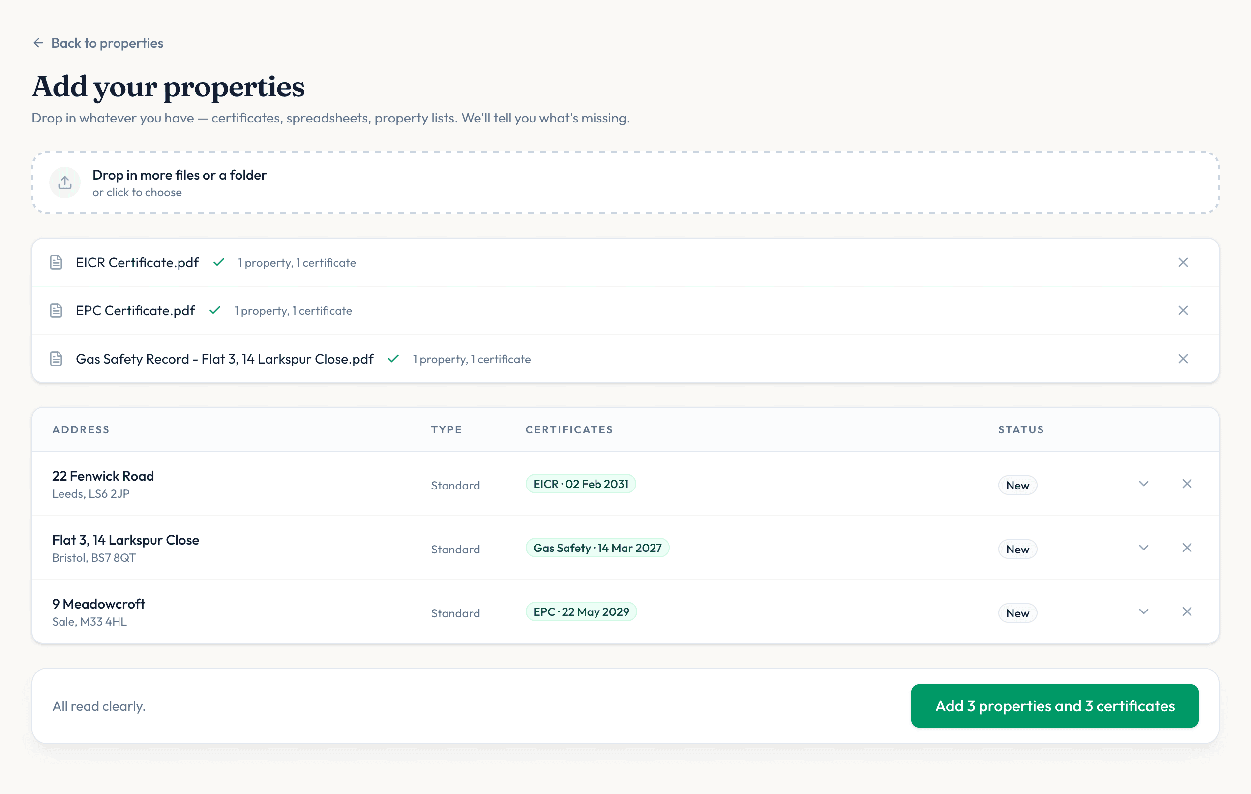 The Proplio review table after a certificate was dropped in: the property address, the certificate type, and the issue and expiry dates all filled in from the document, laid out for checking before anything is saved.
